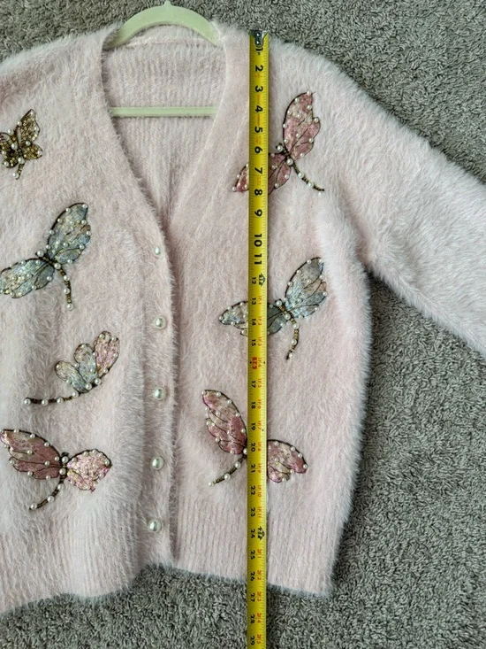 Hand Embroidered Sequin Pink Embellished Butterfly Fuzzy Cardigan Sweater NWOT - Picture 12 of 16